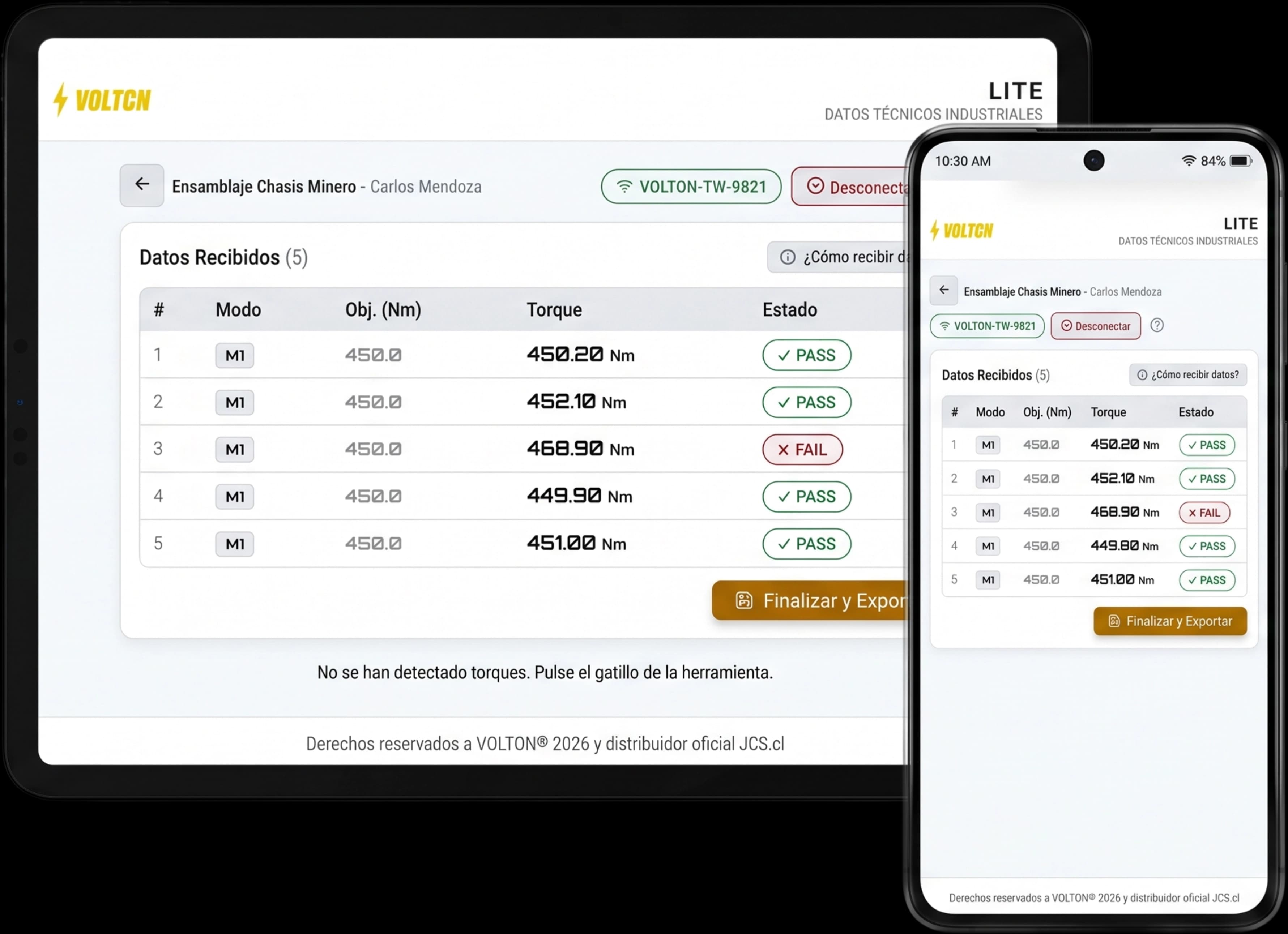 Mockup de Volton App en Tablet con reporte de aprietes